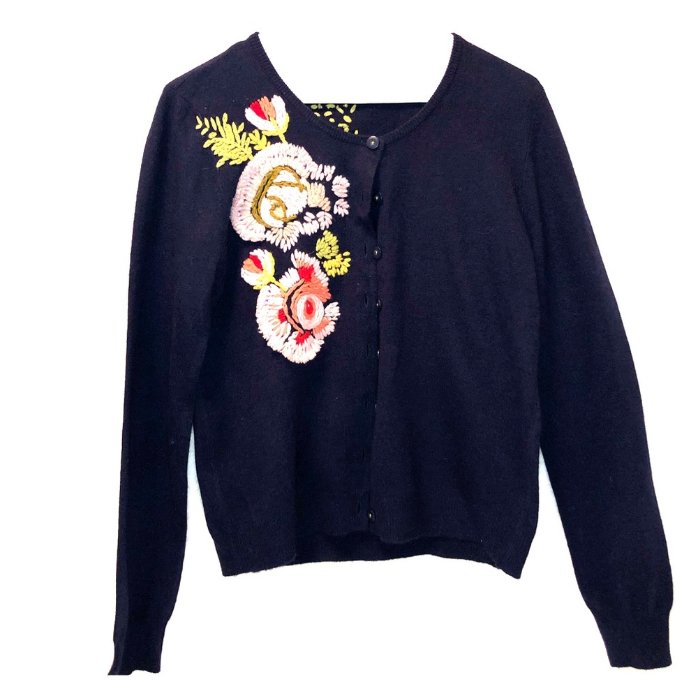 Anthropologie Embroidered Navy Cardigan